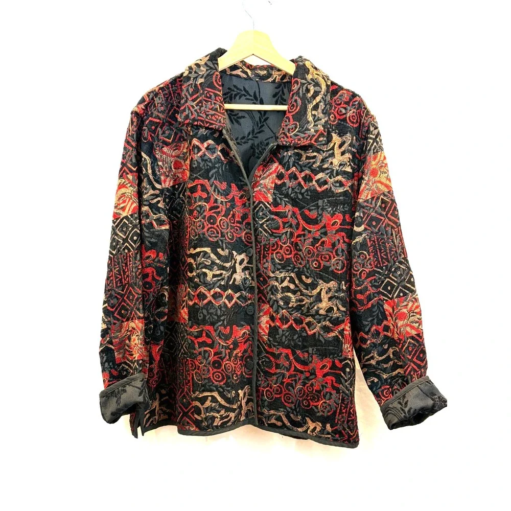 Women's Handmade Reversible Artsy Jacket, Black Red Gold Button Front Size Large